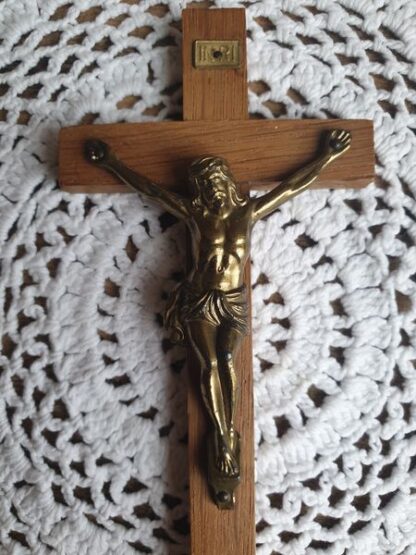 Houten kruis messing beeldje INRI - Afbeelding 3