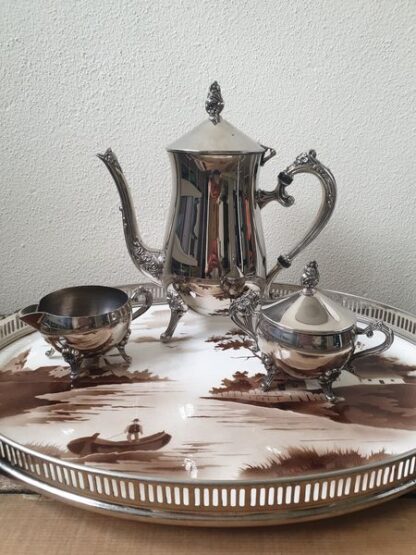 Vintage verzilverde koffiekan, suikerpot, melkkan op pootjes