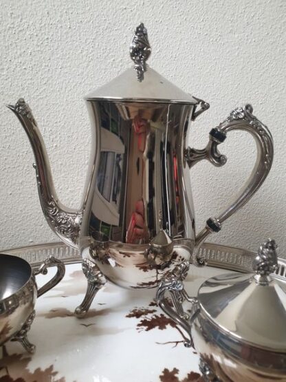 Vintage verzilverde koffiekan, suikerpot, melkkan op pootjes - Afbeelding 2