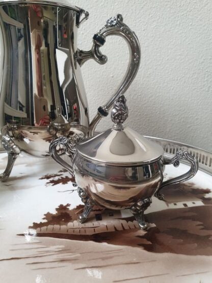 Vintage verzilverde koffiekan, suikerpot, melkkan op pootjes - Afbeelding 3