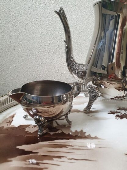 Vintage verzilverde koffiekan, suikerpot, melkkan op pootjes - Afbeelding 4