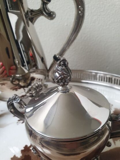 Vintage verzilverde koffiekan, suikerpot, melkkan op pootjes - Afbeelding 5