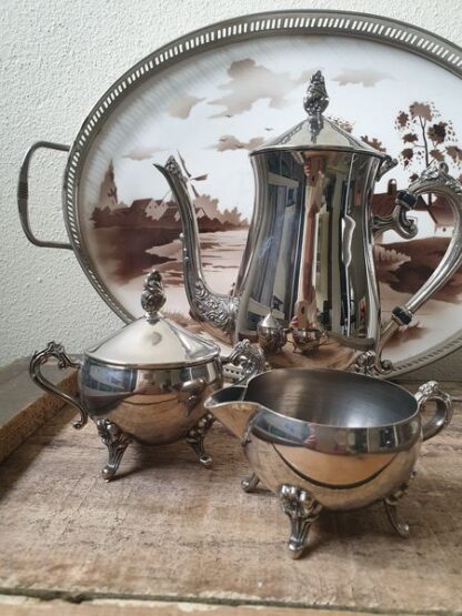Vintage verzilverde koffiekan, suikerpot, melkkan op pootjes - Afbeelding 7